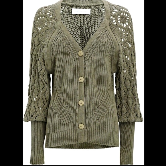 Jonathan Simkhai Adeline Crochet Open Knit Cardigan Bishop Sleeves Olive Green - Picture 1 of 10